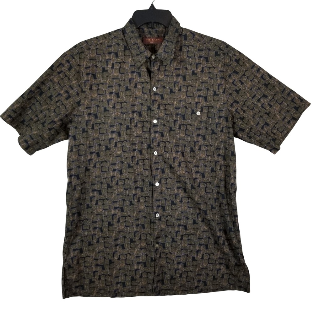 Tori Richard Mens LT Large Tall Cotton Geometric Button Up Shirt Brown Black